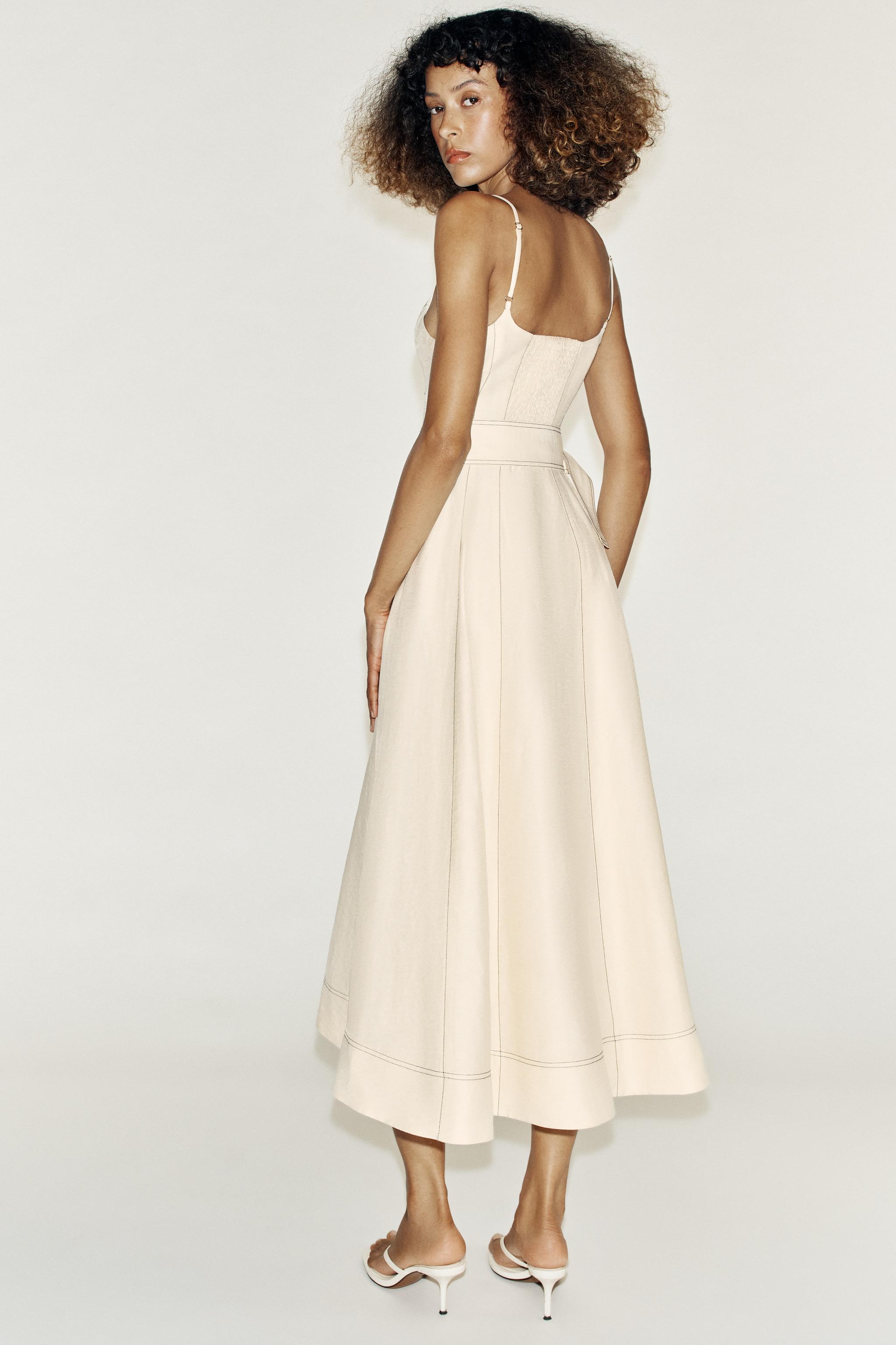 LINEN MIDI DRESS WITH CONTRAST STITCHING AND BELT